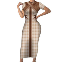 Aloha Hawaii Cowboys Paniolo Family Matching Short Sleeve Bodycon Dress and Hawaiian Shirt Beige Palaka LT7 Mom's Dress Beige - Polynesian Pride