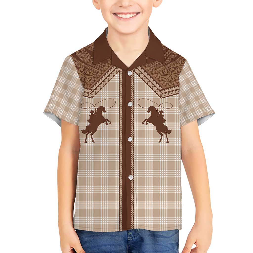 Aloha Hawaii Cowboys Paniolo Family Matching Short Sleeve Bodycon Dress and Hawaiian Shirt Beige Palaka LT7 Son's Shirt Beige - Polynesian Pride