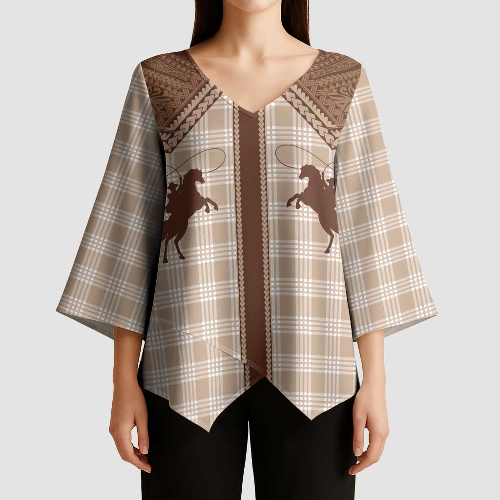 Aloha Hawaii Cowboys Paniolo Kimono Sleeve Blouse Beige Palaka - Polynesian Pride