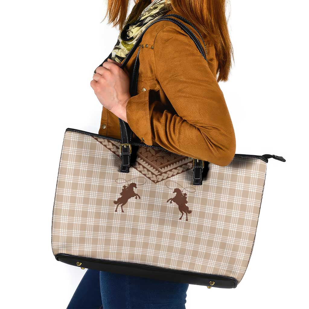 Aloha Hawaii Cowboys Paniolo Leather Tote Bag Beige Palaka - Polynesian Pride