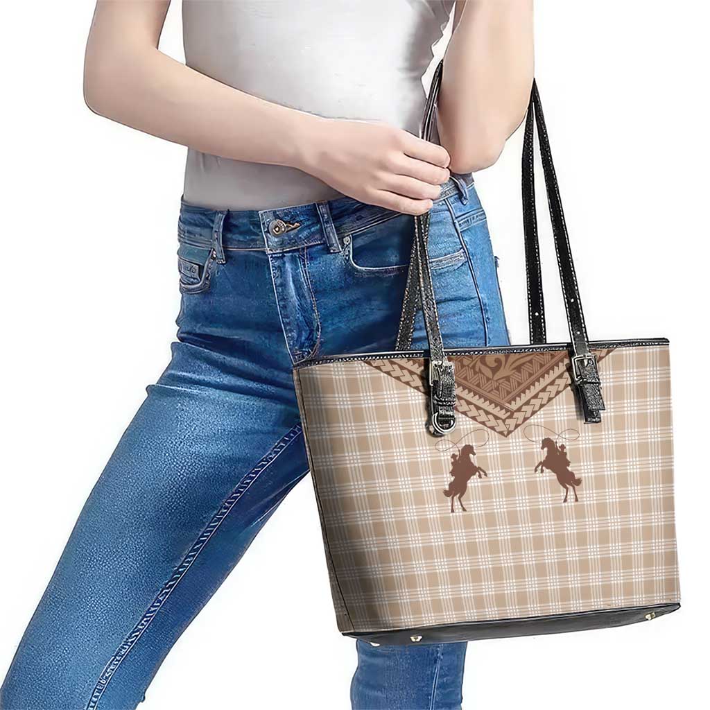 Aloha Hawaii Cowboys Paniolo Leather Tote Bag Beige Palaka - Polynesian Pride