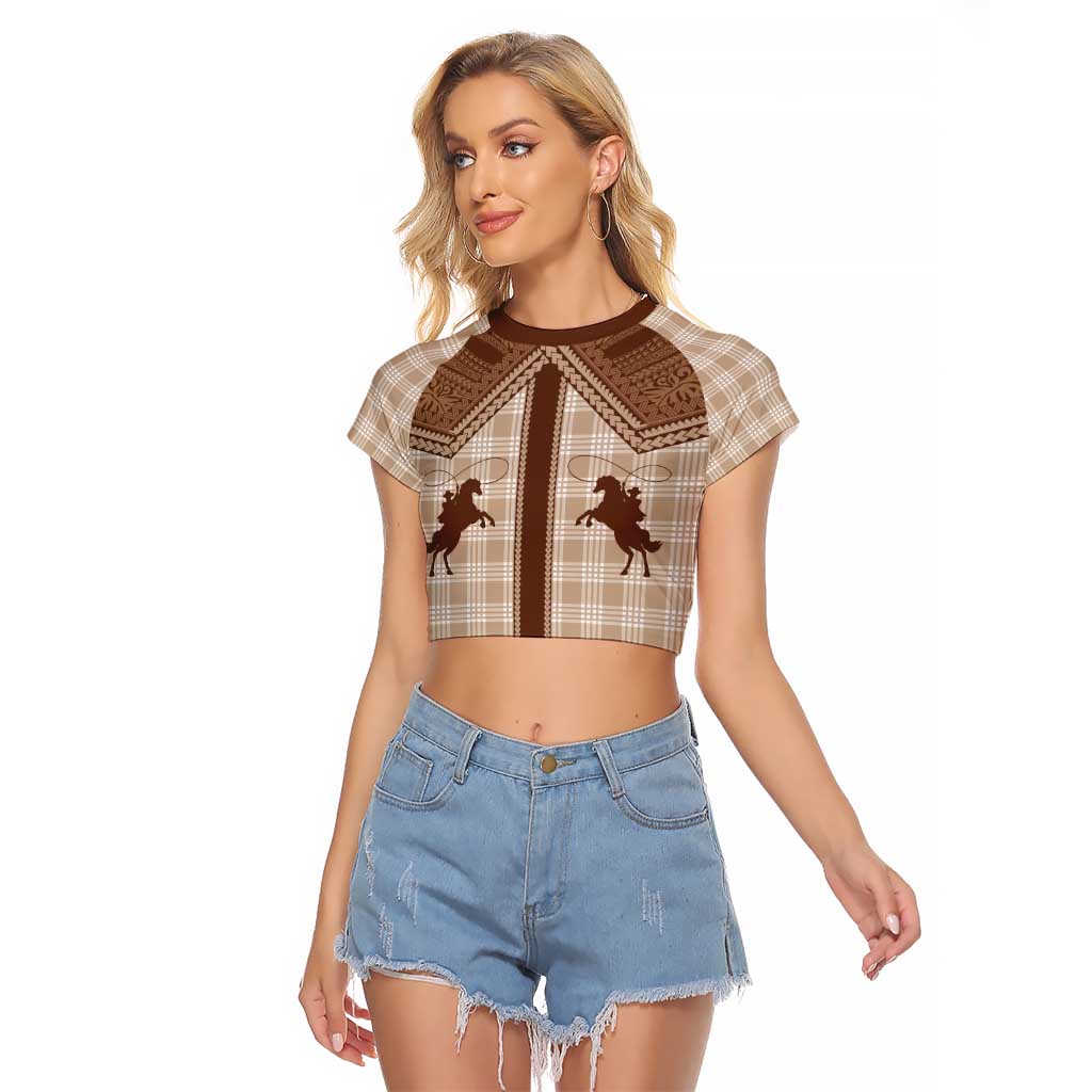 Aloha Hawaii Cowboys Paniolo Raglan Cropped T Shirt Beige Palaka - Polynesian Pride