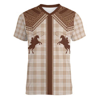 Aloha Hawaii Cowboys Paniolo Women V-Neck T-Shirt Beige Palaka LT7 Female Beige - Polynesian Pride