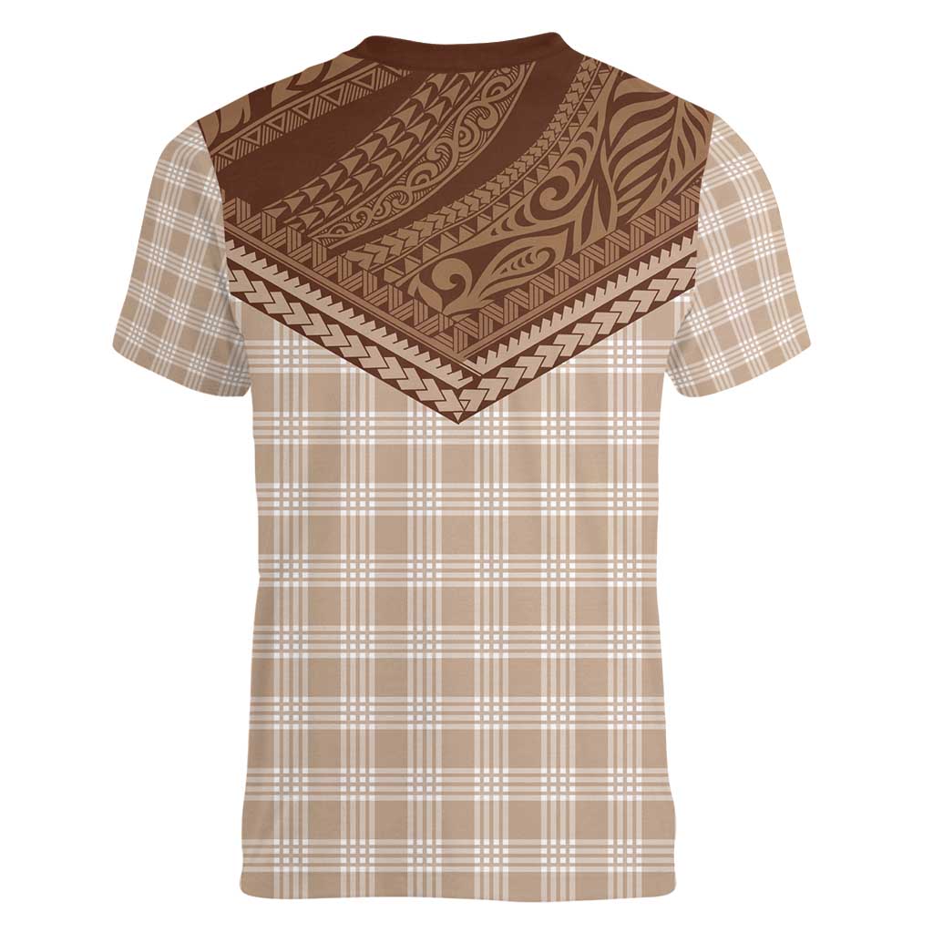 Aloha Hawaii Cowboys Paniolo Women V-Neck T-Shirt Beige Palaka LT7 - Polynesian Pride