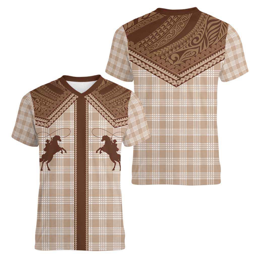 Aloha Hawaii Cowboys Paniolo Women V-Neck T-Shirt Beige Palaka LT7 - Polynesian Pride