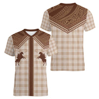 Aloha Hawaii Cowboys Paniolo Women V-Neck T-Shirt Beige Palaka LT7 - Polynesian Pride