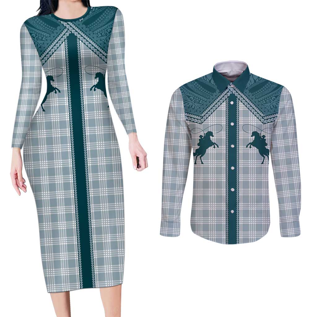 Aloha Hawaii Cowboys Paniolo Couples Matching Long Sleeve Bodycon Dress and Long Sleeve Button Shirt Teal Palaka LT7 Teal - Polynesian Pride