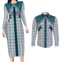 Aloha Hawaii Cowboys Paniolo Couples Matching Long Sleeve Bodycon Dress and Long Sleeve Button Shirt Teal Palaka LT7 Teal - Polynesian Pride