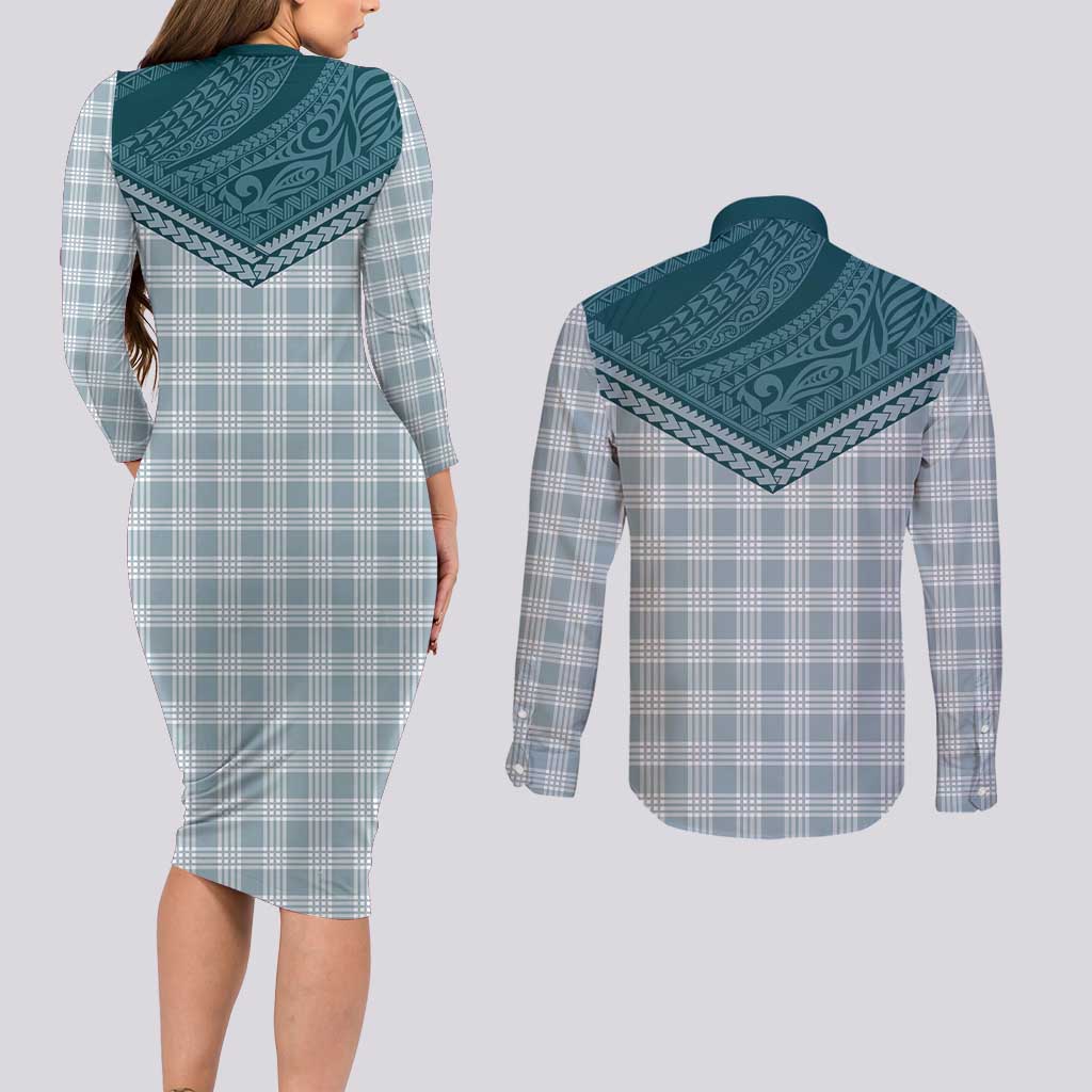 Aloha Hawaii Cowboys Paniolo Couples Matching Long Sleeve Bodycon Dress and Long Sleeve Button Shirt Teal Palaka LT7 - Polynesian Pride