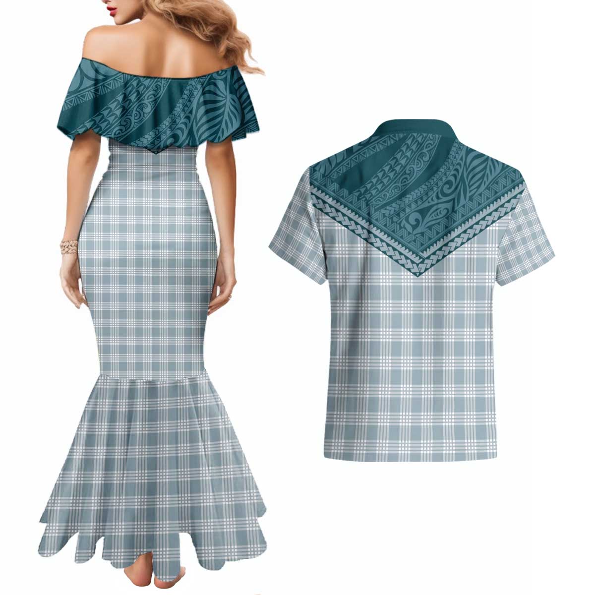 Aloha Hawaii Cowboys Paniolo Couples Matching Mermaid Dress and Hawaiian Shirt Teal Palaka LT7 - Polynesian Pride