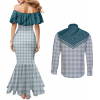 Aloha Hawaii Cowboys Paniolo Couples Matching Mermaid Dress and Long Sleeve Button Shirt Teal Palaka LT7 - Polynesian Pride