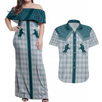 Aloha Hawaii Cowboys Paniolo Couples Matching Off Shoulder Maxi Dress and Hawaiian Shirt Teal Palaka LT7 Teal - Polynesian Pride