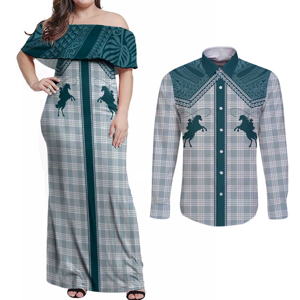 Aloha Hawaii Cowboys Paniolo Couples Matching Off Shoulder Maxi Dress and Long Sleeve Button Shirt Teal Palaka LT7 Teal - Polynesian Pride