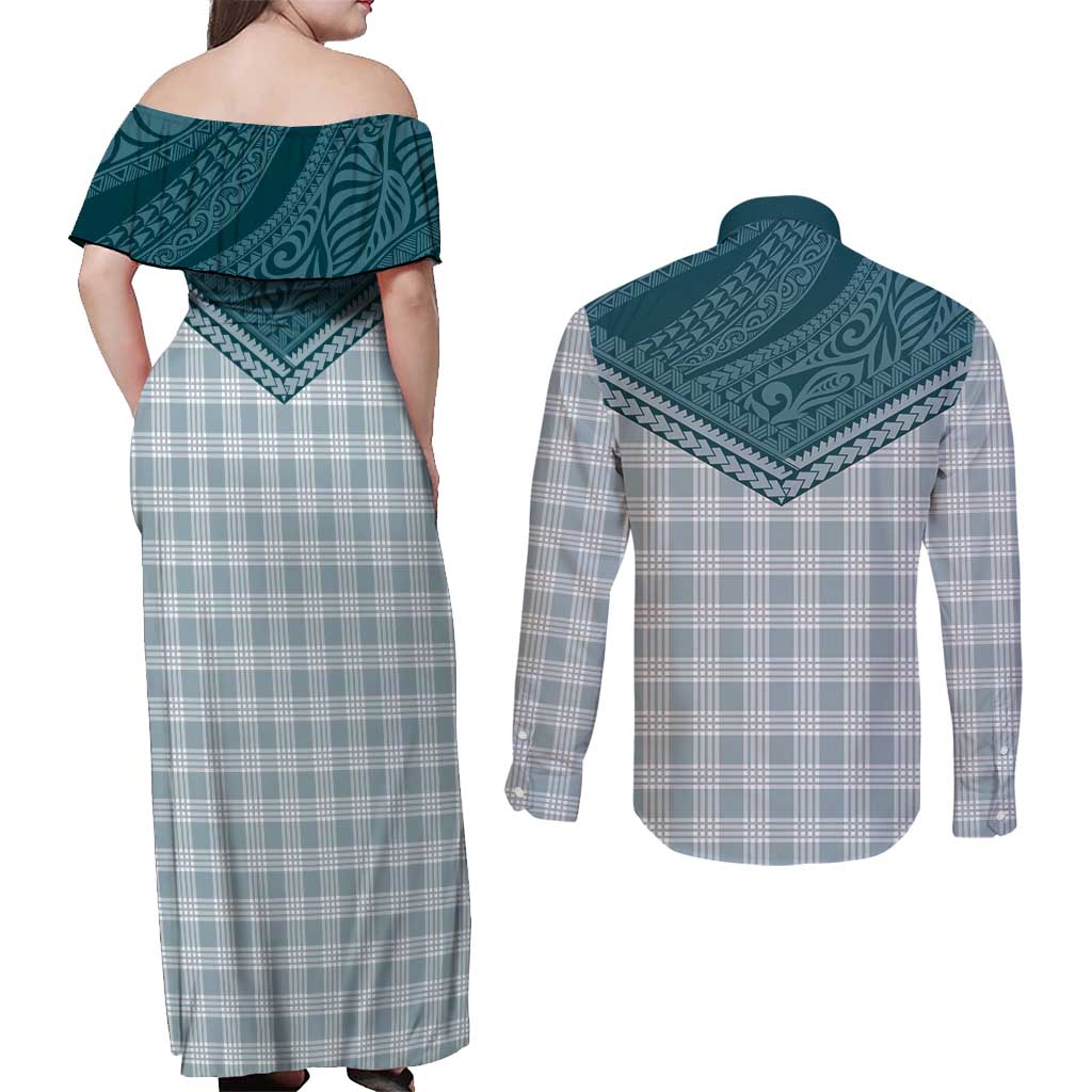 Aloha Hawaii Cowboys Paniolo Couples Matching Off Shoulder Maxi Dress and Long Sleeve Button Shirt Teal Palaka LT7 - Polynesian Pride