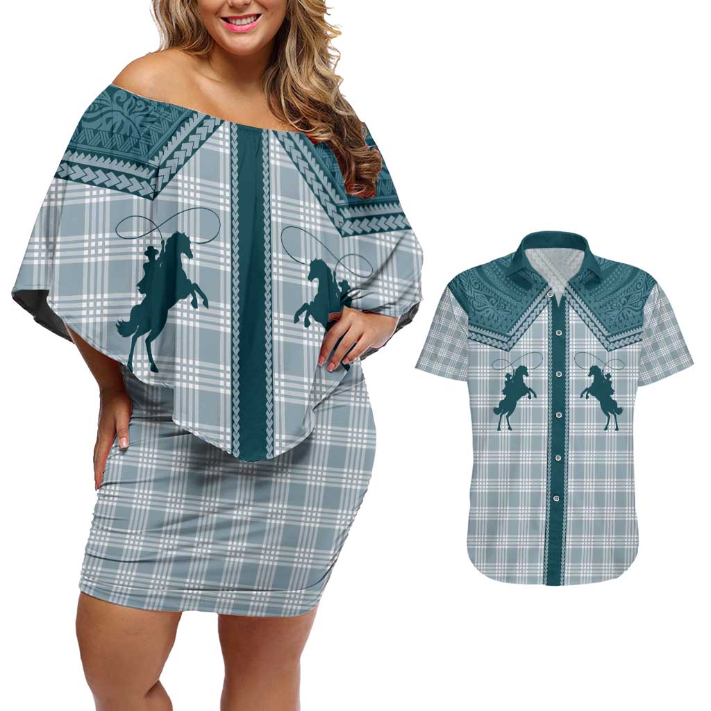 Aloha Hawaii Cowboys Paniolo Couples Matching Off Shoulder Short Dress and Hawaiian Shirt Teal Palaka LT7 Teal - Polynesian Pride
