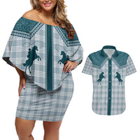 Aloha Hawaii Cowboys Paniolo Couples Matching Off Shoulder Short Dress and Hawaiian Shirt Teal Palaka LT7 Teal - Polynesian Pride