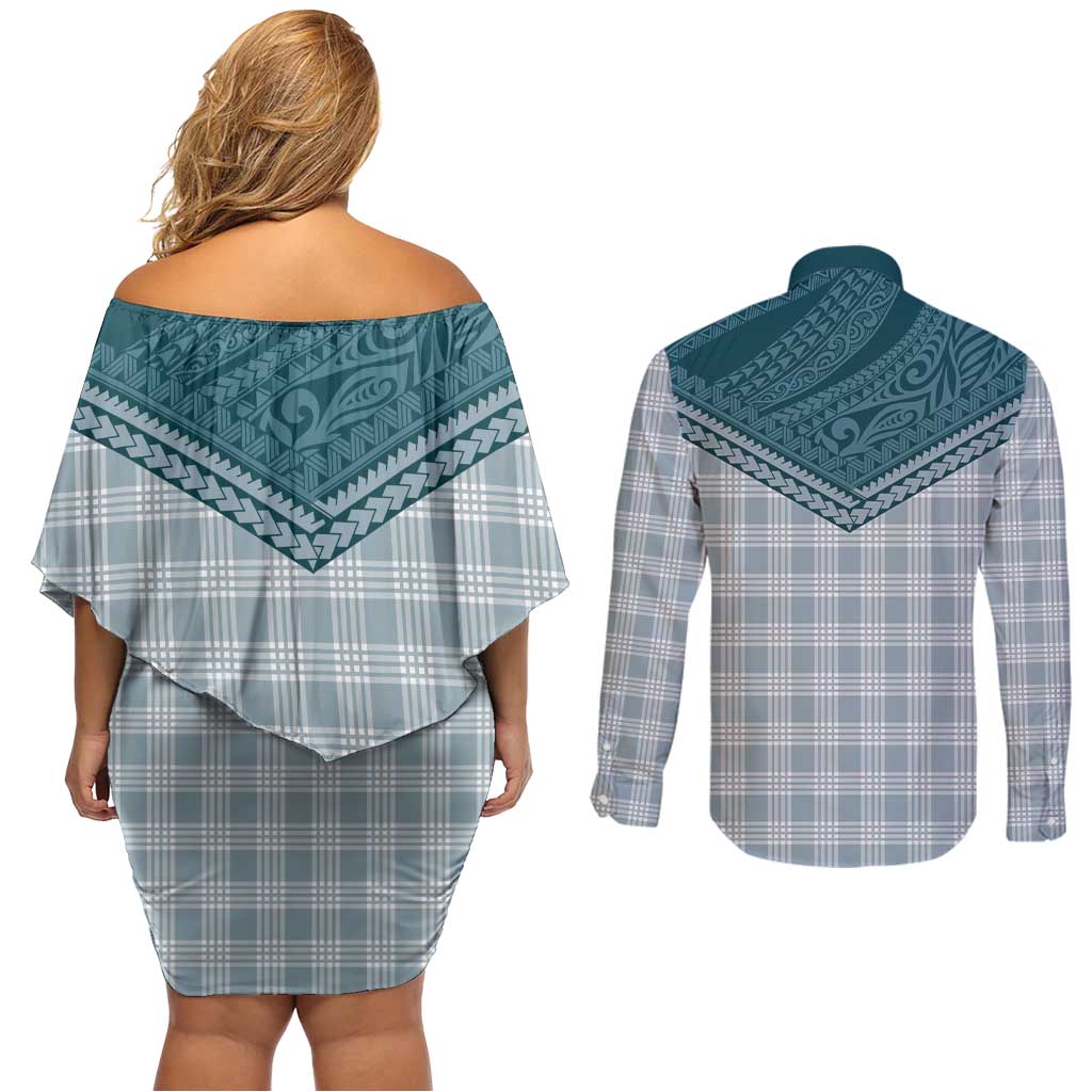 Aloha Hawaii Cowboys Paniolo Couples Matching Off Shoulder Short Dress and Long Sleeve Button Shirt Teal Palaka LT7 - Polynesian Pride