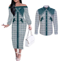 Aloha Hawaii Cowboys Paniolo Couples Matching Off The Shoulder Long Sleeve Dress and Long Sleeve Button Shirt Teal Palaka LT7 Teal - Polynesian Pride