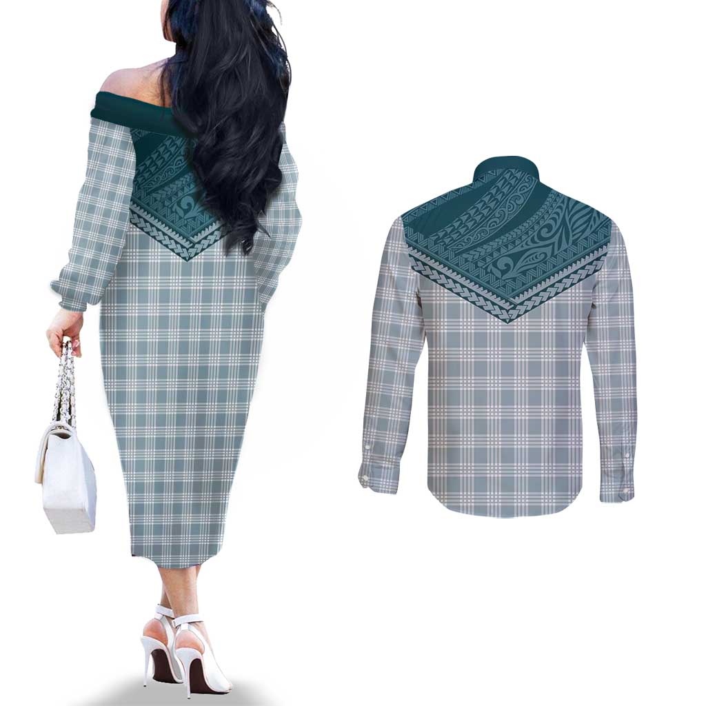 Aloha Hawaii Cowboys Paniolo Couples Matching Off The Shoulder Long Sleeve Dress and Long Sleeve Button Shirt Teal Palaka LT7 - Polynesian Pride