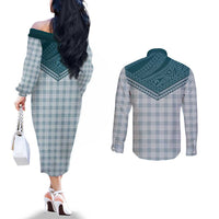 Aloha Hawaii Cowboys Paniolo Couples Matching Off The Shoulder Long Sleeve Dress and Long Sleeve Button Shirt Teal Palaka LT7 - Polynesian Pride