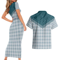 Aloha Hawaii Cowboys Paniolo Couples Matching Short Sleeve Bodycon Dress and Hawaiian Shirt Teal Palaka LT7 - Polynesian Pride