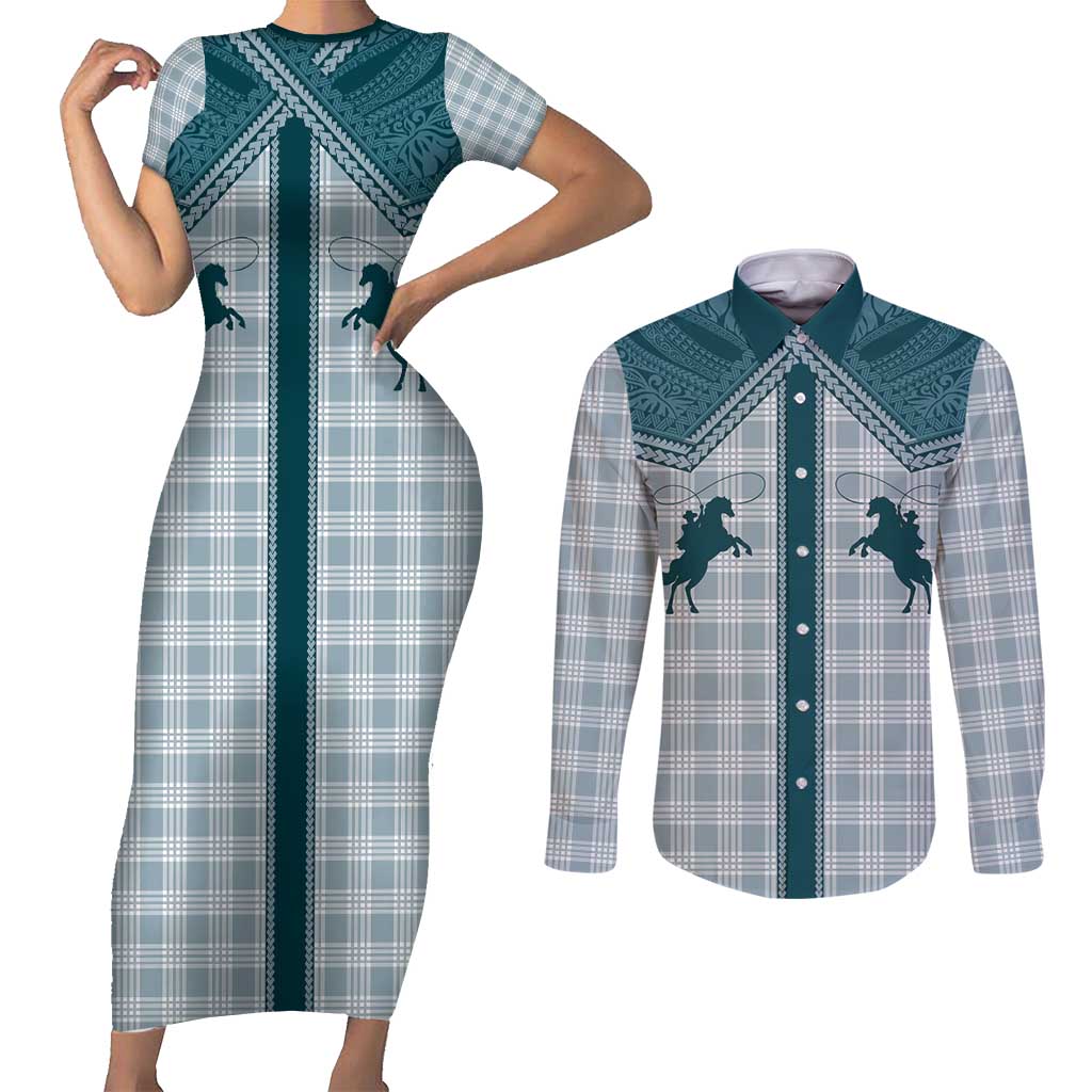 Aloha Hawaii Cowboys Paniolo Couples Matching Short Sleeve Bodycon Dress and Long Sleeve Button Shirt Teal Palaka LT7 Teal - Polynesian Pride