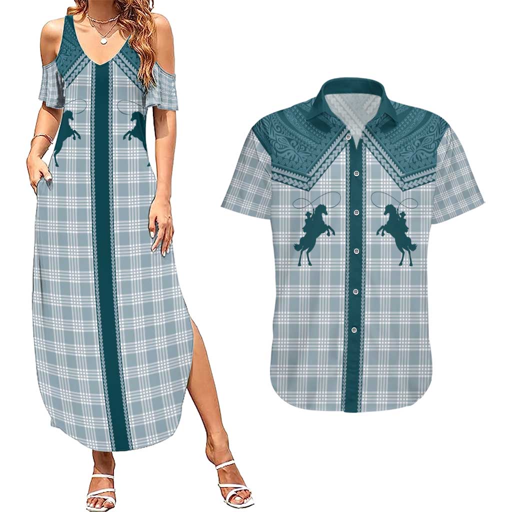 Aloha Hawaii Cowboys Paniolo Couples Matching Summer Maxi Dress and Hawaiian Shirt Teal Palaka LT7 Teal - Polynesian Pride