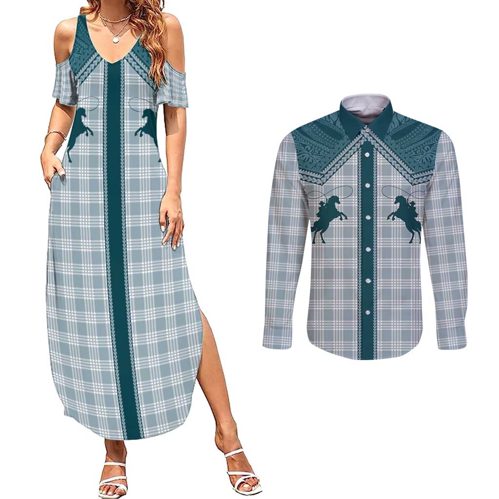 Aloha Hawaii Cowboys Paniolo Couples Matching Summer Maxi Dress and Long Sleeve Button Shirt Teal Palaka LT7 Teal - Polynesian Pride