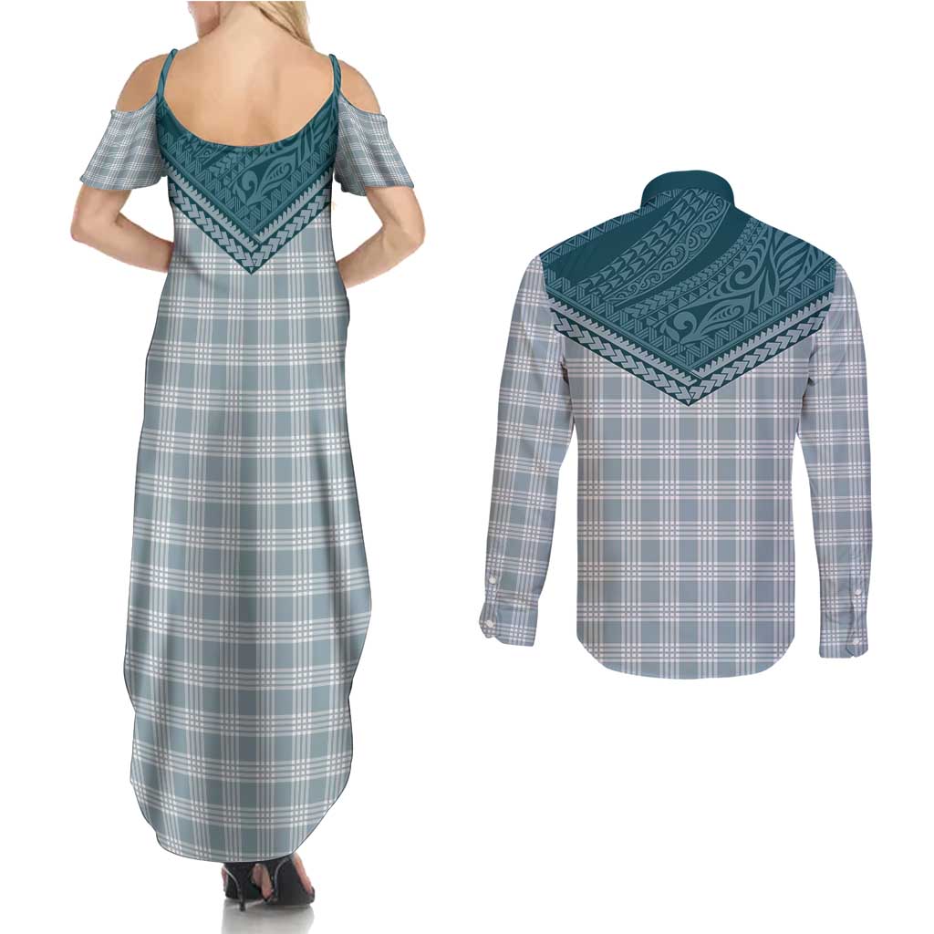 Aloha Hawaii Cowboys Paniolo Couples Matching Summer Maxi Dress and Long Sleeve Button Shirt Teal Palaka LT7 - Polynesian Pride