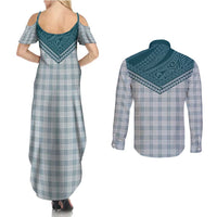Aloha Hawaii Cowboys Paniolo Couples Matching Summer Maxi Dress and Long Sleeve Button Shirt Teal Palaka LT7 - Polynesian Pride