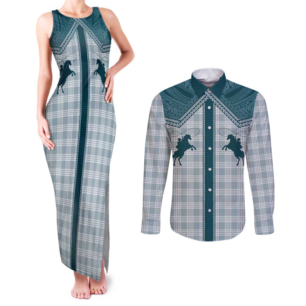 Aloha Hawaii Cowboys Paniolo Couples Matching Tank Maxi Dress and Long Sleeve Button Shirt Teal Palaka LT7 Teal - Polynesian Pride