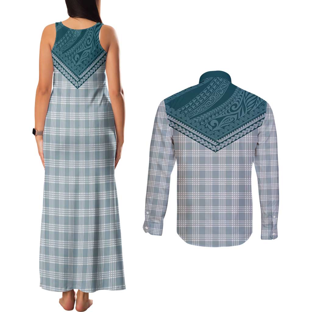 Aloha Hawaii Cowboys Paniolo Couples Matching Tank Maxi Dress and Long Sleeve Button Shirt Teal Palaka LT7 - Polynesian Pride
