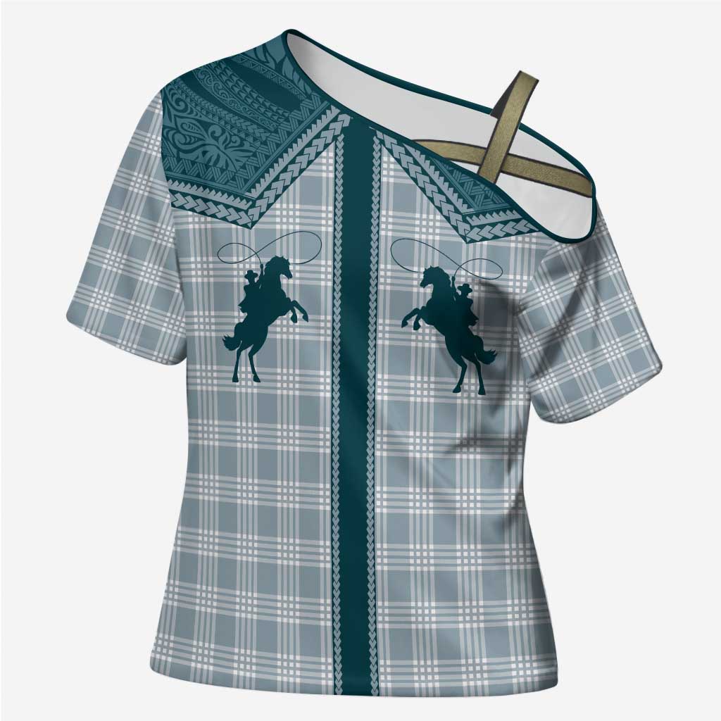 Aloha Hawaii Cowboys Paniolo Cross Shoulder Shirt Teal Palaka LT7 Female Teal - Polynesian Pride