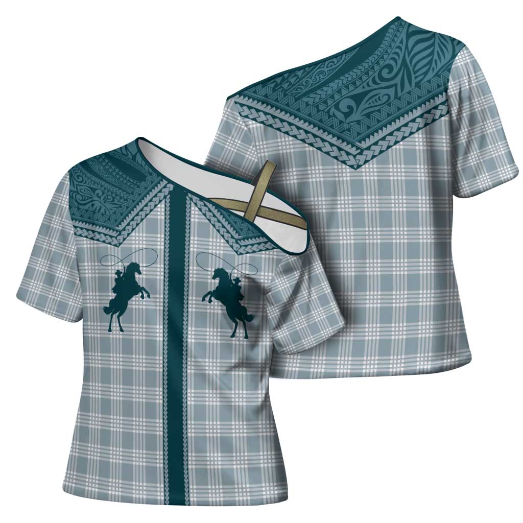 Aloha Hawaii Cowboys Paniolo Cross Shoulder Shirt Teal Palaka LT7 - Polynesian Pride