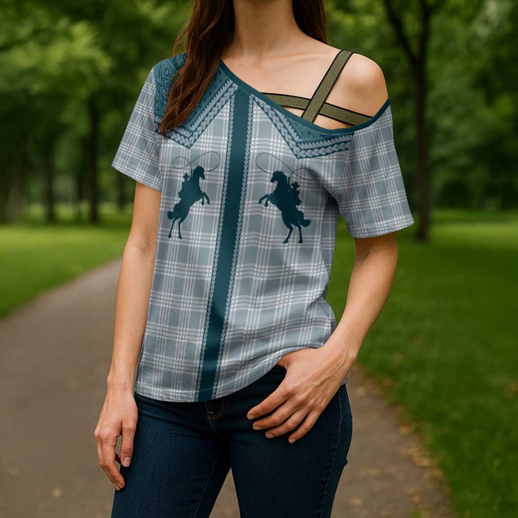 Aloha Hawaii Cowboys Paniolo Cross Shoulder Shirt Teal Palaka LT7 - Polynesian Pride