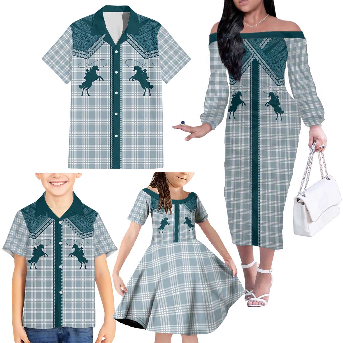 Aloha Hawaii Cowboys Paniolo Family Matching Off The Shoulder Long Sleeve Dress and Hawaiian Shirt Teal Palaka LT7 - Polynesian Pride