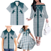 Aloha Hawaii Cowboys Paniolo Family Matching Off The Shoulder Long Sleeve Dress and Hawaiian Shirt Teal Palaka LT7 - Polynesian Pride
