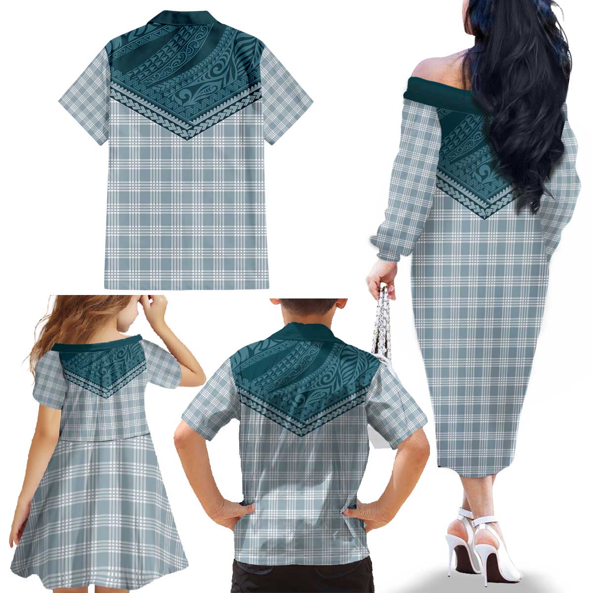 Aloha Hawaii Cowboys Paniolo Family Matching Off The Shoulder Long Sleeve Dress and Hawaiian Shirt Teal Palaka LT7 - Polynesian Pride