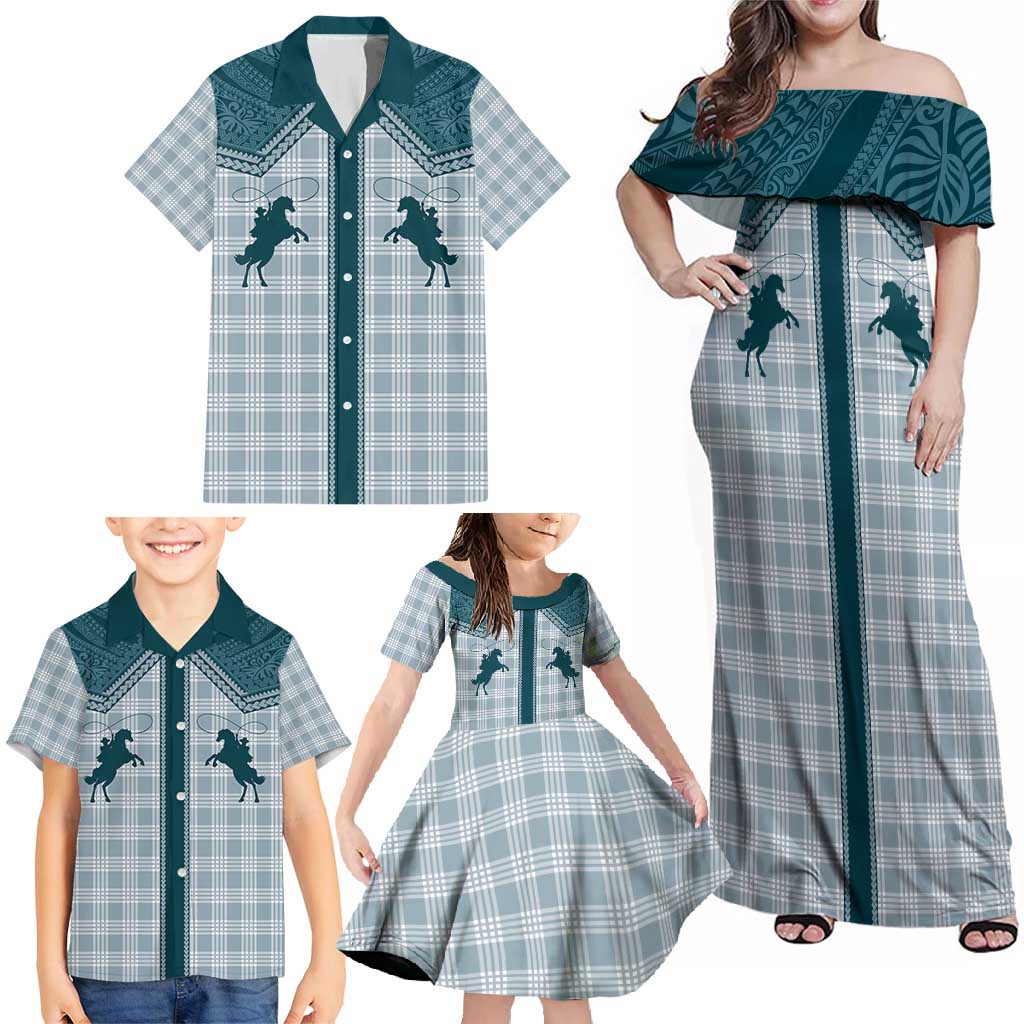 Aloha Hawaii Cowboys Paniolo Family Matching Off Shoulder Maxi Dress and Hawaiian Shirt Teal Palaka LT7 - Polynesian Pride