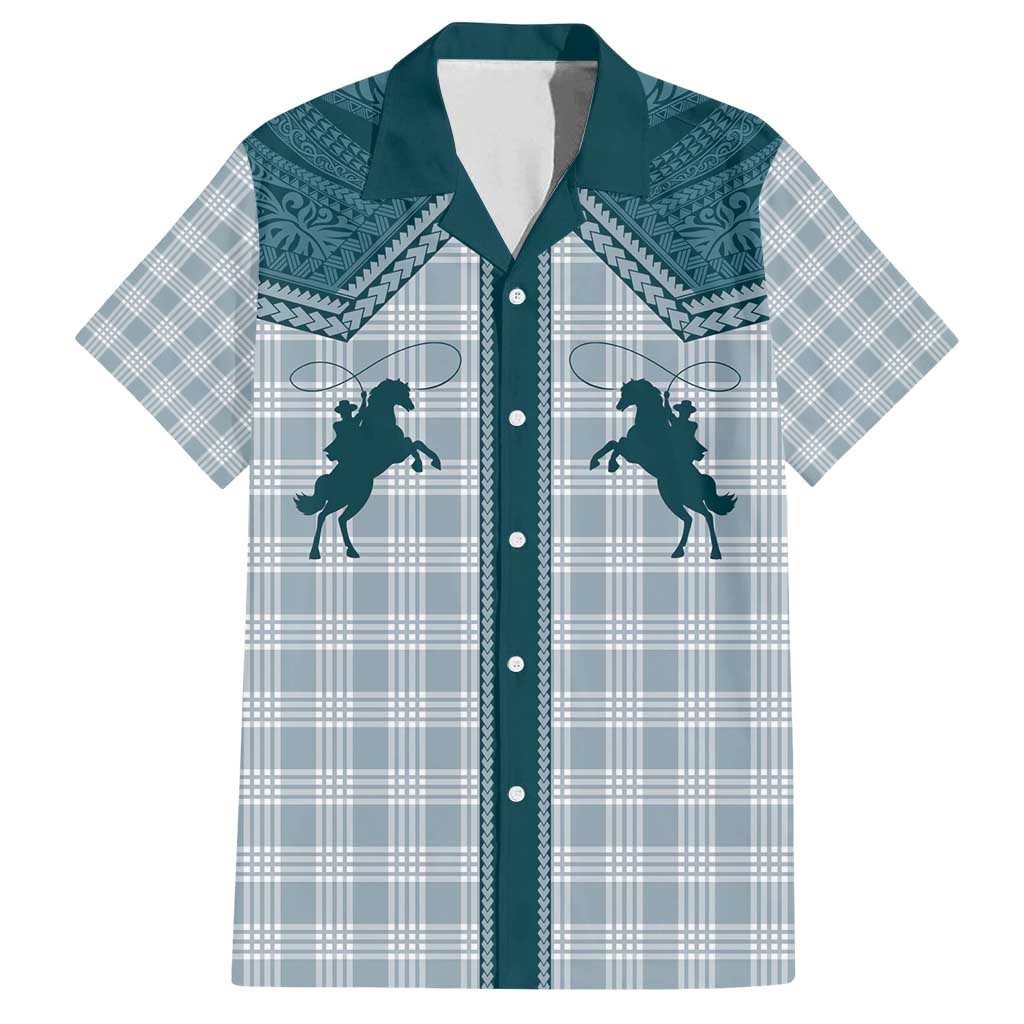Aloha Hawaii Cowboys Paniolo Family Matching Off Shoulder Maxi Dress and Hawaiian Shirt Teal Palaka LT7 Dad's Shirt - Short Sleeve Teal - Polynesian Pride