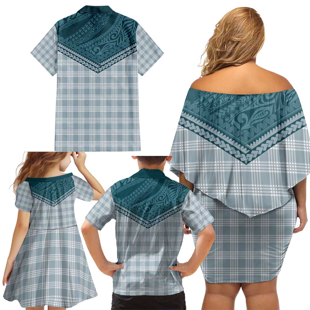 Aloha Hawaii Cowboys Paniolo Family Matching Off Shoulder Short Dress and Hawaiian Shirt Teal Palaka LT7 - Polynesian Pride