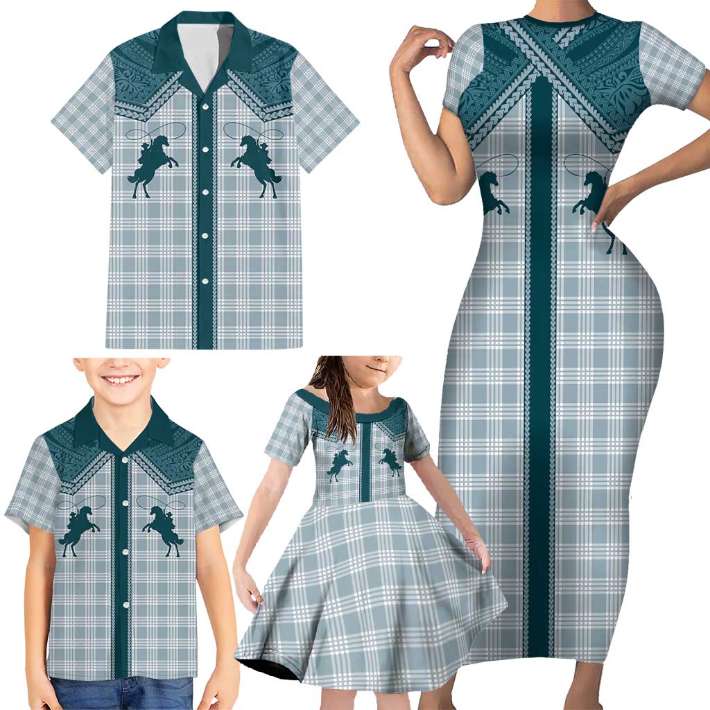 Aloha Hawaii Cowboys Paniolo Family Matching Short Sleeve Bodycon Dress and Hawaiian Shirt Teal Palaka LT7 - Polynesian Pride