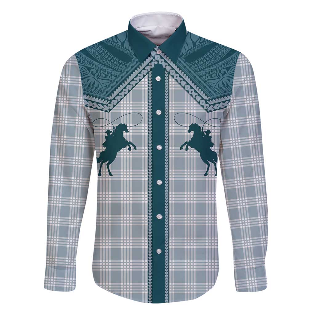 Aloha Hawaii Cowboys Paniolo Family Matching Summer Maxi Dress and Hawaiian Shirt Teal Palaka LT7 Dad's Shirt - Long Sleeve Teal - Polynesian Pride