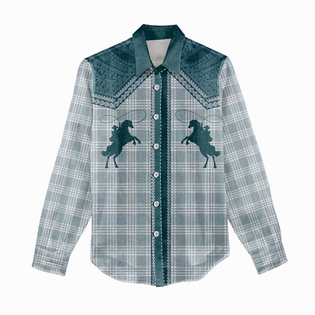 Aloha Hawaii Cowboys Paniolo Women Casual Shirt Teal Palaka - Polynesian Pride