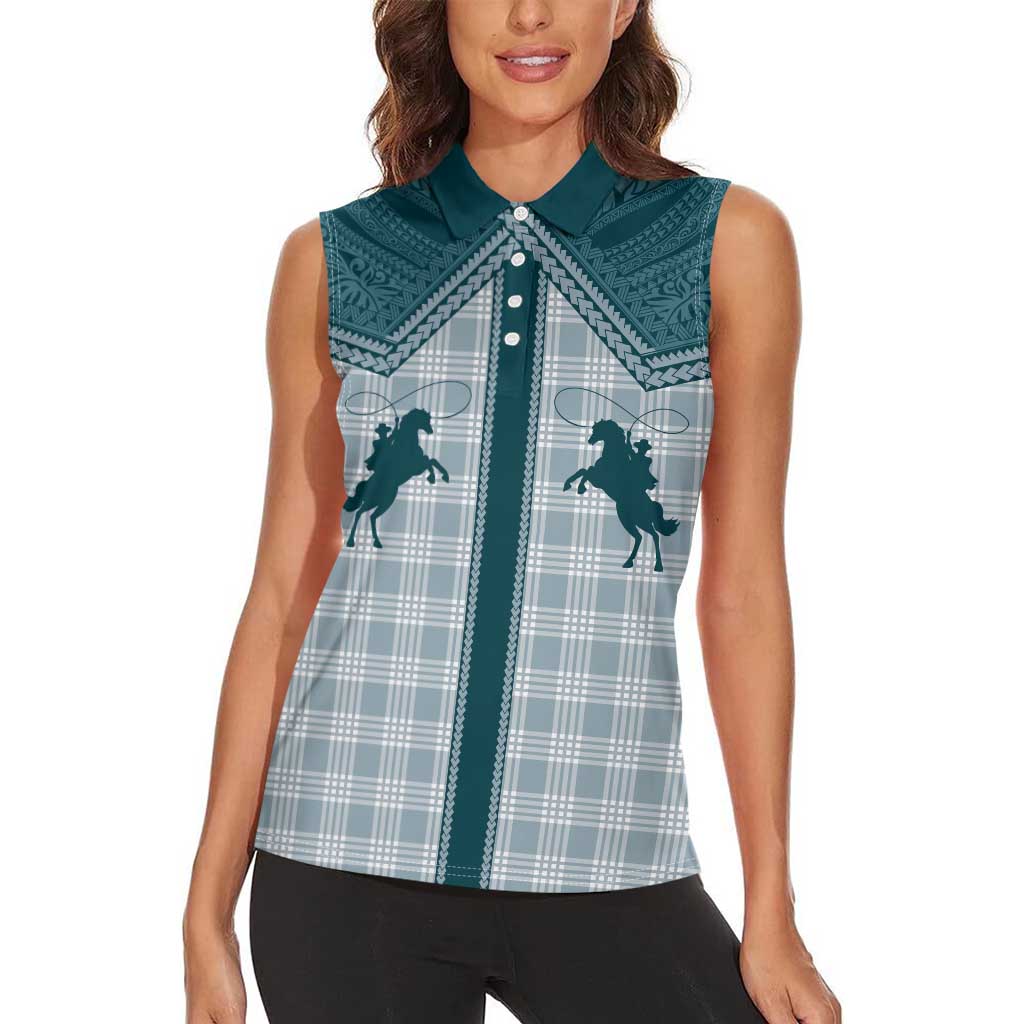 Aloha Hawaii Cowboys Paniolo Women Sleeveless Polo Shirt Teal Palaka LT7 - Polynesian Pride