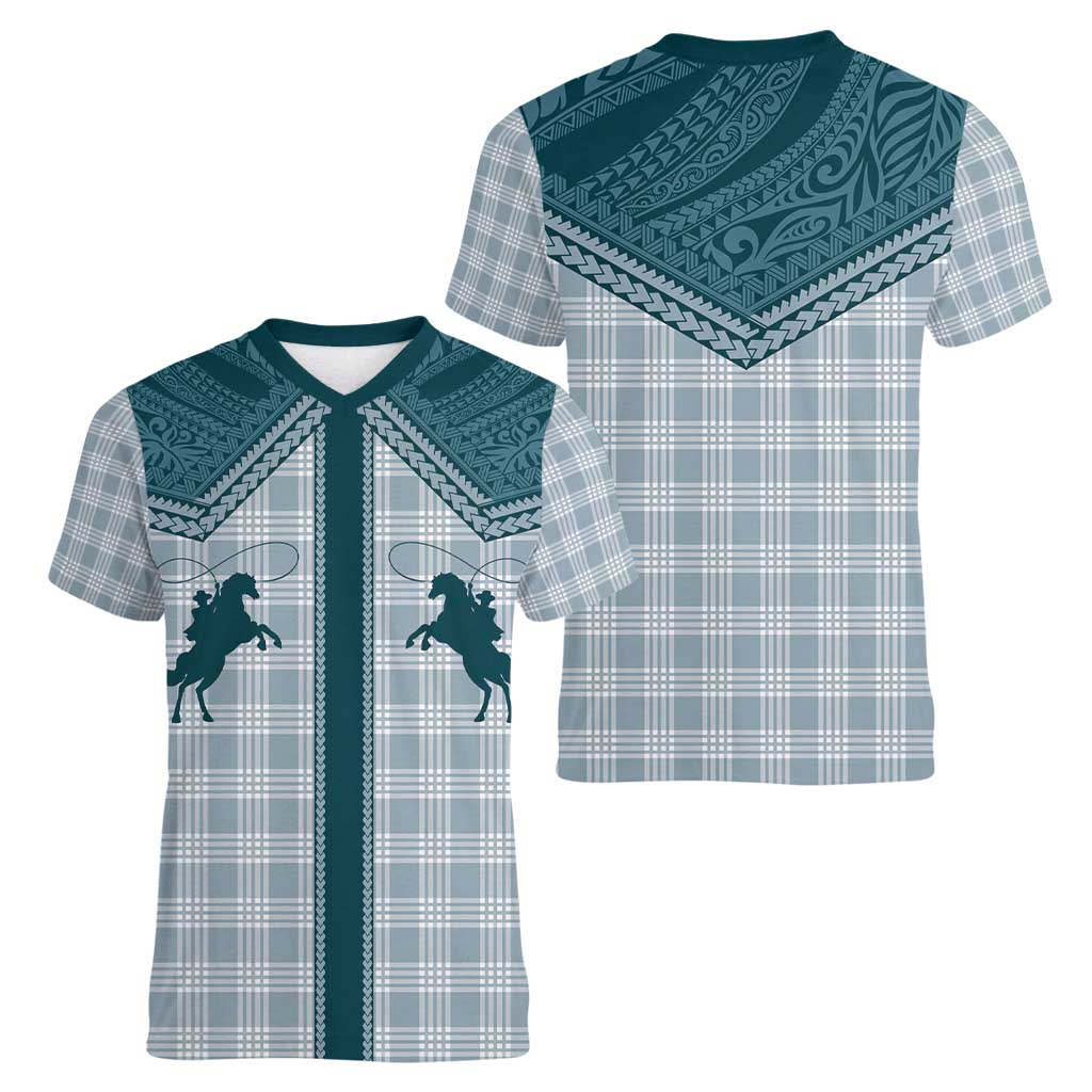 Aloha Hawaii Cowboys Paniolo Women V-Neck T-Shirt Teal Palaka LT7 - Polynesian Pride