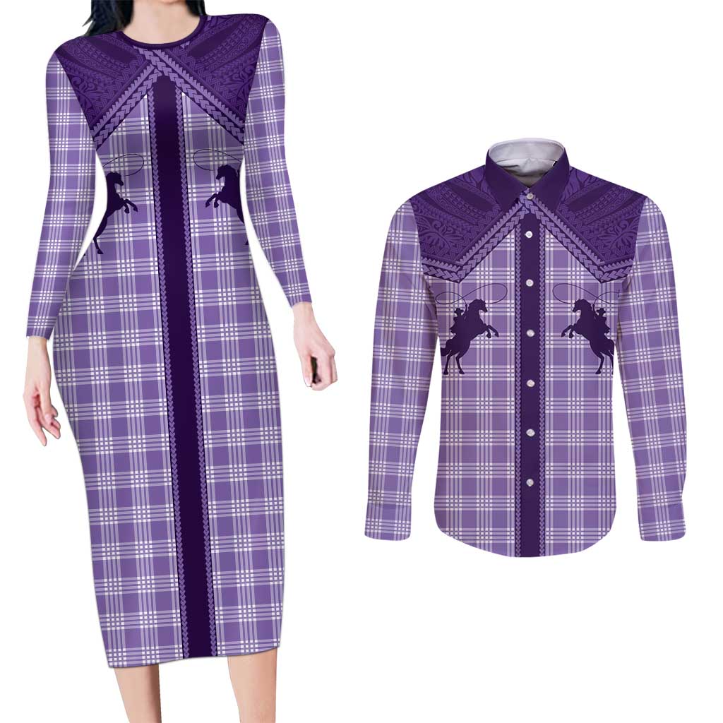 Aloha Hawaii Cowboys Paniolo Couples Matching Long Sleeve Bodycon Dress and Long Sleeve Button Shirt Violet Palaka LT7 Purple - Polynesian Pride