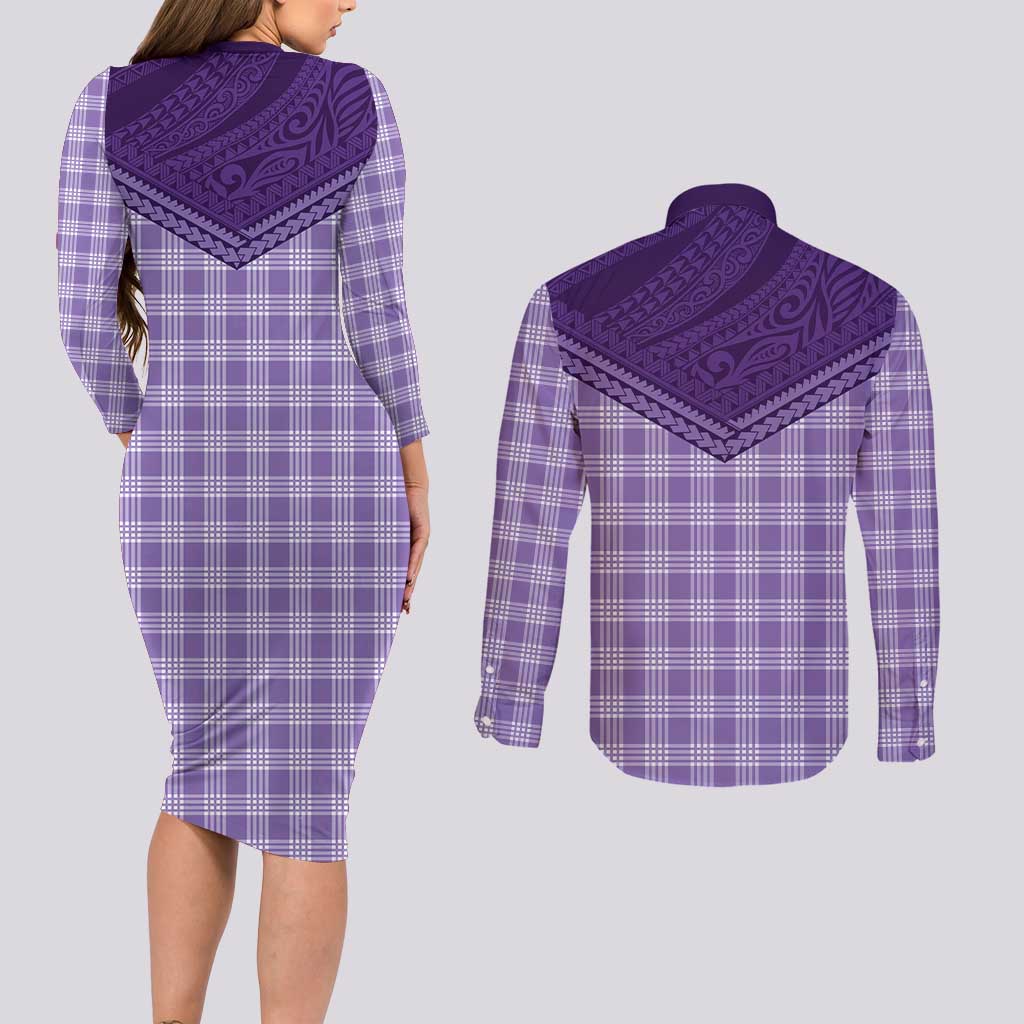 Aloha Hawaii Cowboys Paniolo Couples Matching Long Sleeve Bodycon Dress and Long Sleeve Button Shirt Violet Palaka LT7 - Polynesian Pride