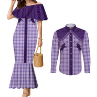 Aloha Hawaii Cowboys Paniolo Couples Matching Mermaid Dress and Long Sleeve Button Shirt Violet Palaka LT7 Purple - Polynesian Pride