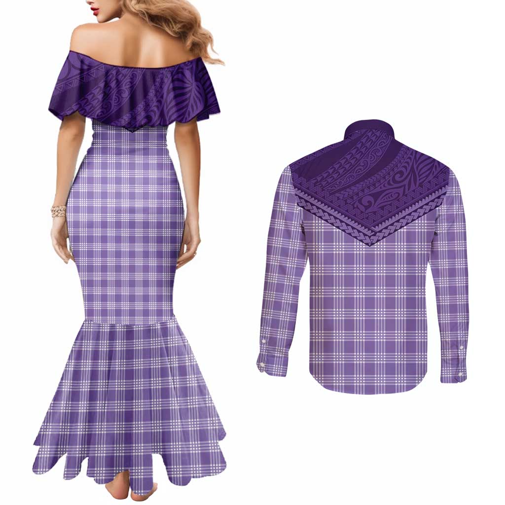 Aloha Hawaii Cowboys Paniolo Couples Matching Mermaid Dress and Long Sleeve Button Shirt Violet Palaka LT7 - Polynesian Pride